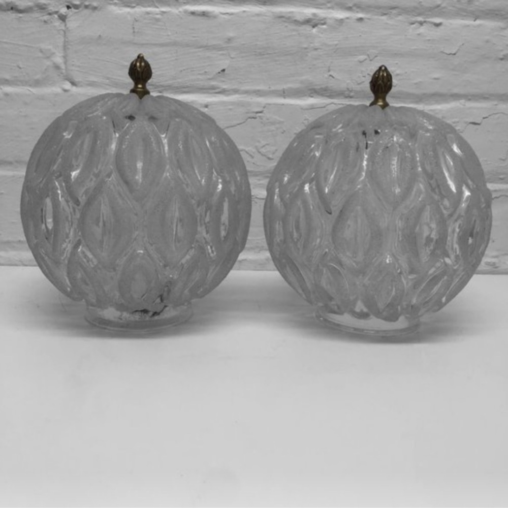 Vintage Mid 20th Century Textured Glass Flower Leaves Round Globe Shades - Set 2
